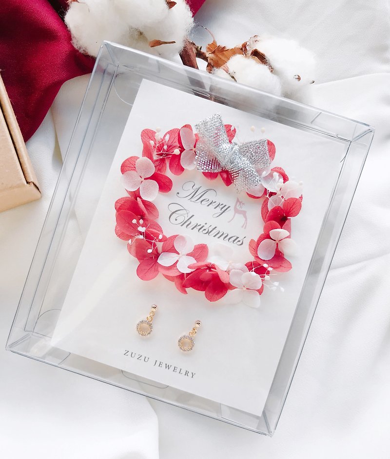 Christmas gift red and white eternal wreath earrings gift box exchange gift - Earrings & Clip-ons - Plants & Flowers Red