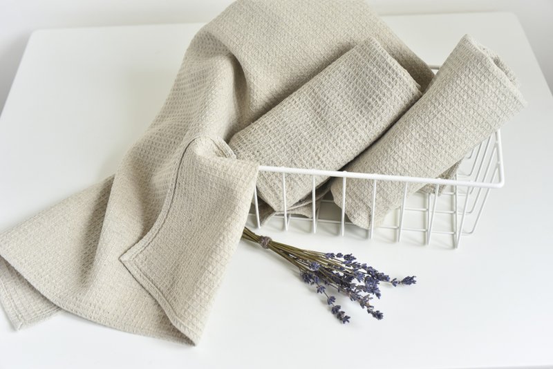 Natural linen towels, Kitchen dish towel sets, Waffle dish cloths - 毛巾/浴巾 - 環保材質 灰色