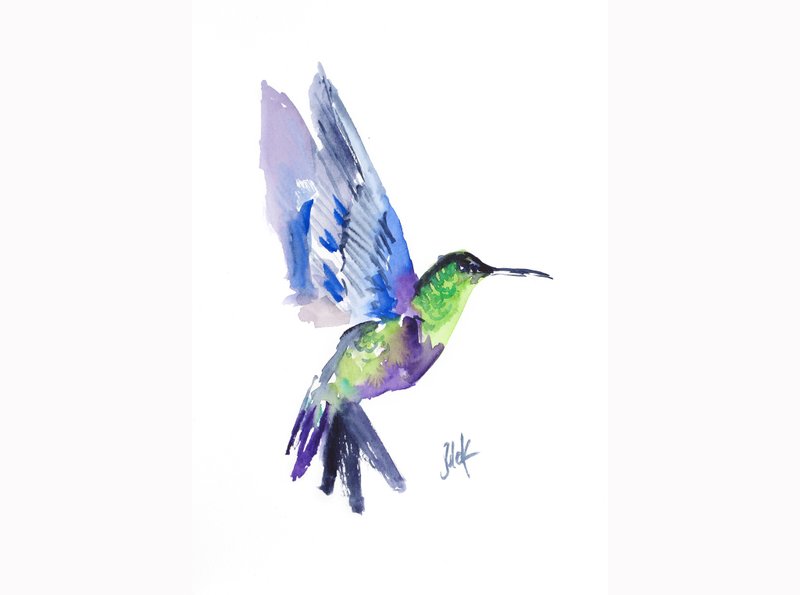Hummingbird Painting Abstract Bird Watercolor Tiny Bird Original Wall Art Small - 海報/掛畫/掛布 - 其他材質 藍色