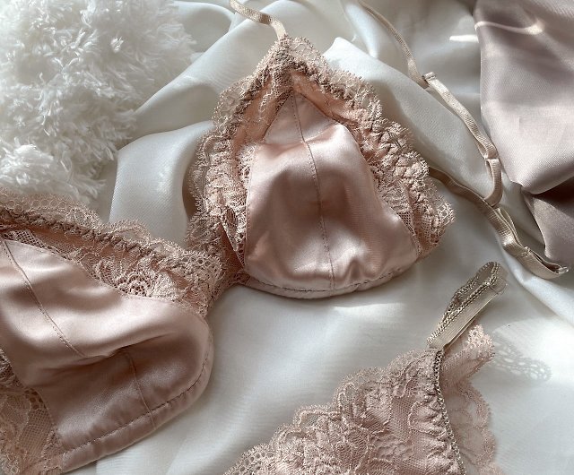 Set of satin lace with lining (bra + panties) beige - Shop brababa