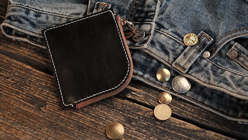 Vegetable tanned leather purse handmade natural pattern black purse wallet handmade birthday gift - Coin Purses - Genuine Leather Black