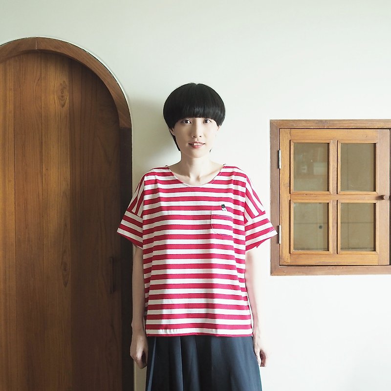 pajamas cat striped t-shirt : red × white - Women's T-Shirts - Polyester Red