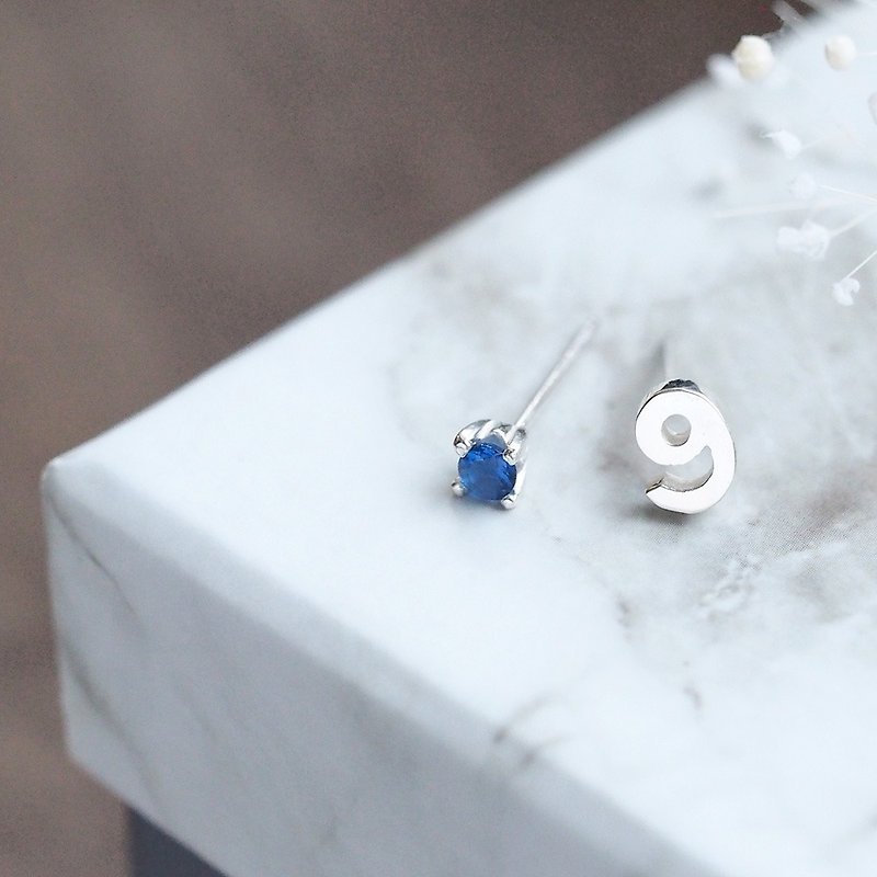 Number & September Birthstone Sapphire Earrings Silver 925 - ต่างหู - โลหะ สีน้ำเงิน
