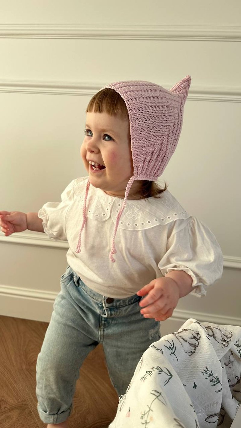 Knit baby bonnet, baby girl hat, winter hat, newborn photo props outfit - หมวกเด็ก - ผ้าฝ้าย/ผ้าลินิน สึชมพู