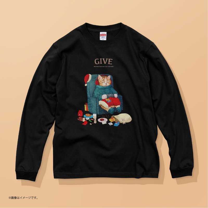 Santa Cat /コットンTシャツ - 女 T 恤 - 棉．麻 黑色