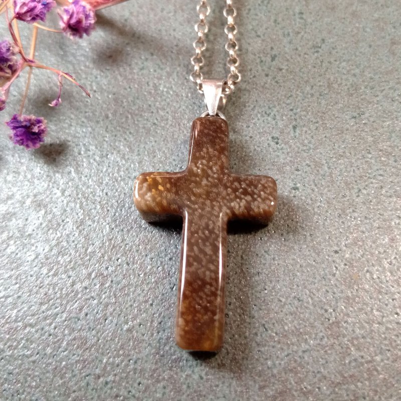 玉墜 造型玉墜-十字架 木化玉/簡單好搭配 - 項鍊 - 玉石 咖啡色