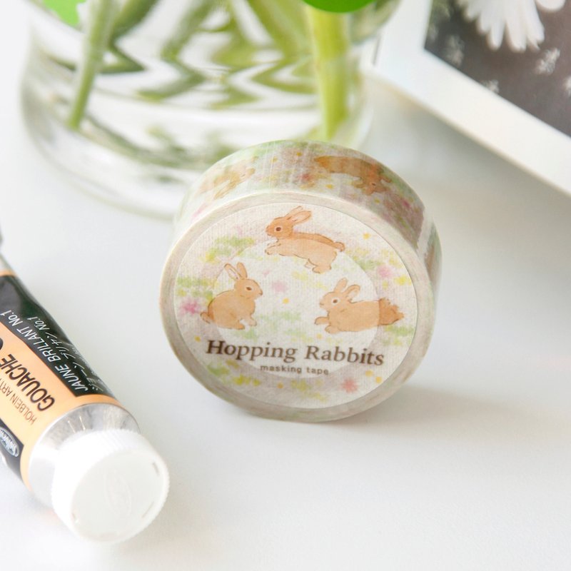 Hopping Rabbits Masking Tape - 紙膠帶/和紙/PET - 紙 卡其色