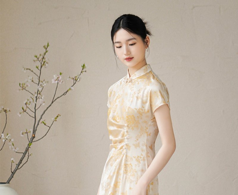 中國風復古 少女感氣質優雅新中式洋裝 - 洋裝/連身裙 - 絲．絹 黃色