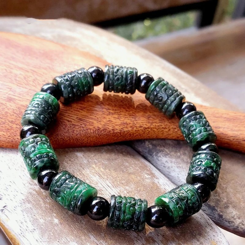 Burmese Jade Bracelet Dark Geen with Black Jade Auspicious Clouds Carved 10.5 mm - Bracelets - Jade Multicolor