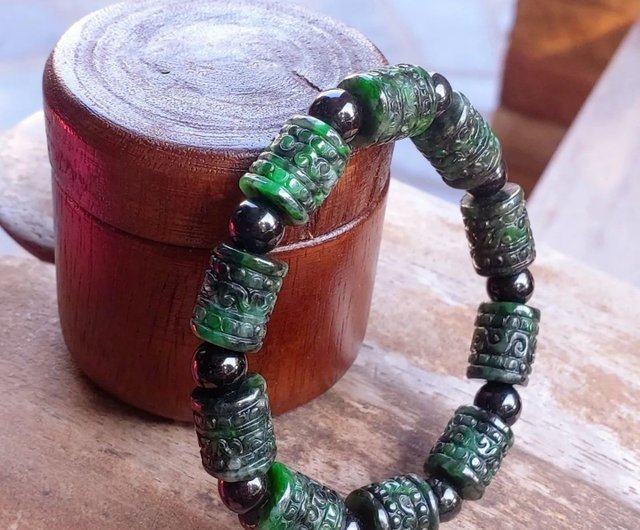 Certified Hand Carved outlets Natural Black Dark Green Myanmar Burma A JADE Jadeite Bead Beads Six Truths Bangle Bracelet