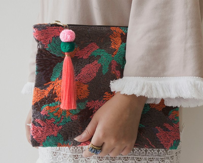 Chiang Mai  Handmade Clutch bag With Pom Pom Chain - Toiletry Bags & Pouches - Cotton & Hemp Multicolor