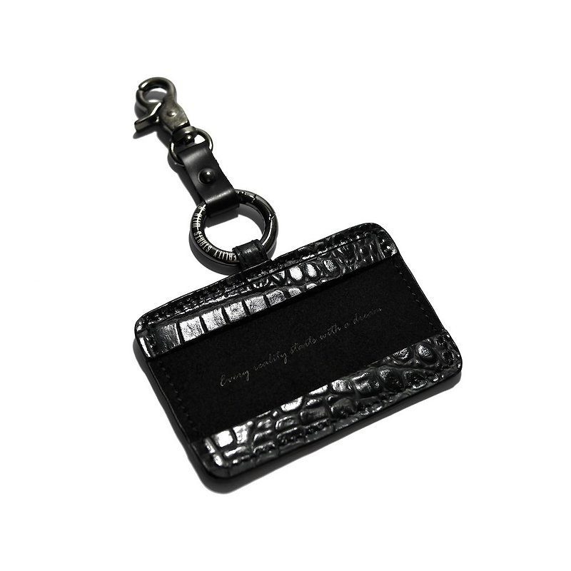 黑色鱷魚紋牛皮橫式證件套搭配鉚釘鑰匙圈組 - 其他 - 真皮 黑色