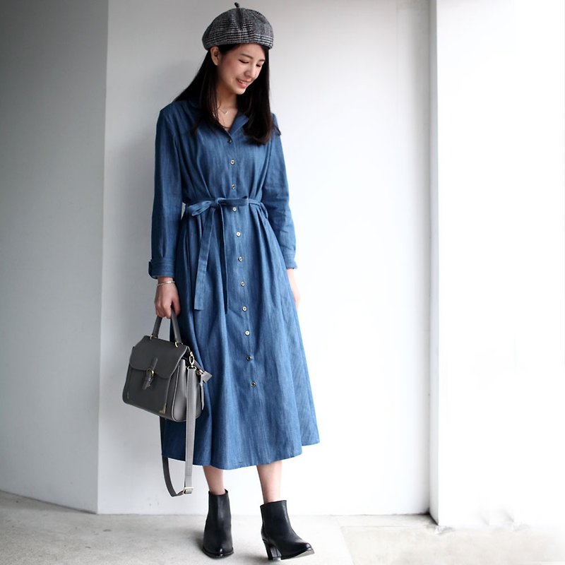 GT Denim Blue Vintage Collar Shirt Dress - One Piece Dresses - Cotton & Hemp Blue