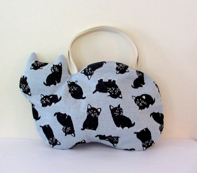 Black Cat Neco Bag Light Blue Hand Holder - กระเป๋าถือ - ผ้าฝ้าย/ผ้าลินิน สีเทา