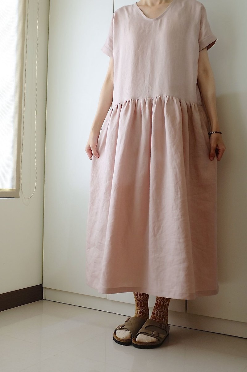 Daily hand-made clothes vintage pink wide dress linen - ชุดเดรส - ผ้าฝ้าย/ผ้าลินิน สึชมพู