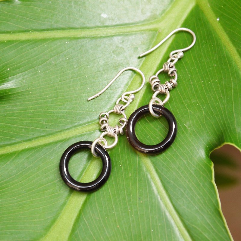 Hoop-Black Agate Sterling Silver Hook Earrings - Earrings & Clip-ons - Silver Black