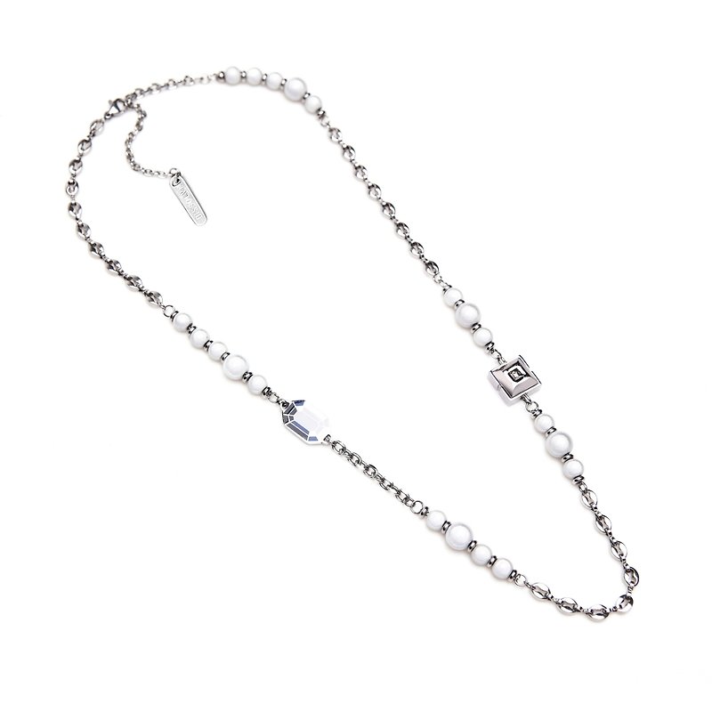 DISSOLVE 幾何仿鑽面滴釉拼接 珍珠項鏈 情侶客制個性化 節日禮物 - 項鍊 - 不鏽鋼 銀色