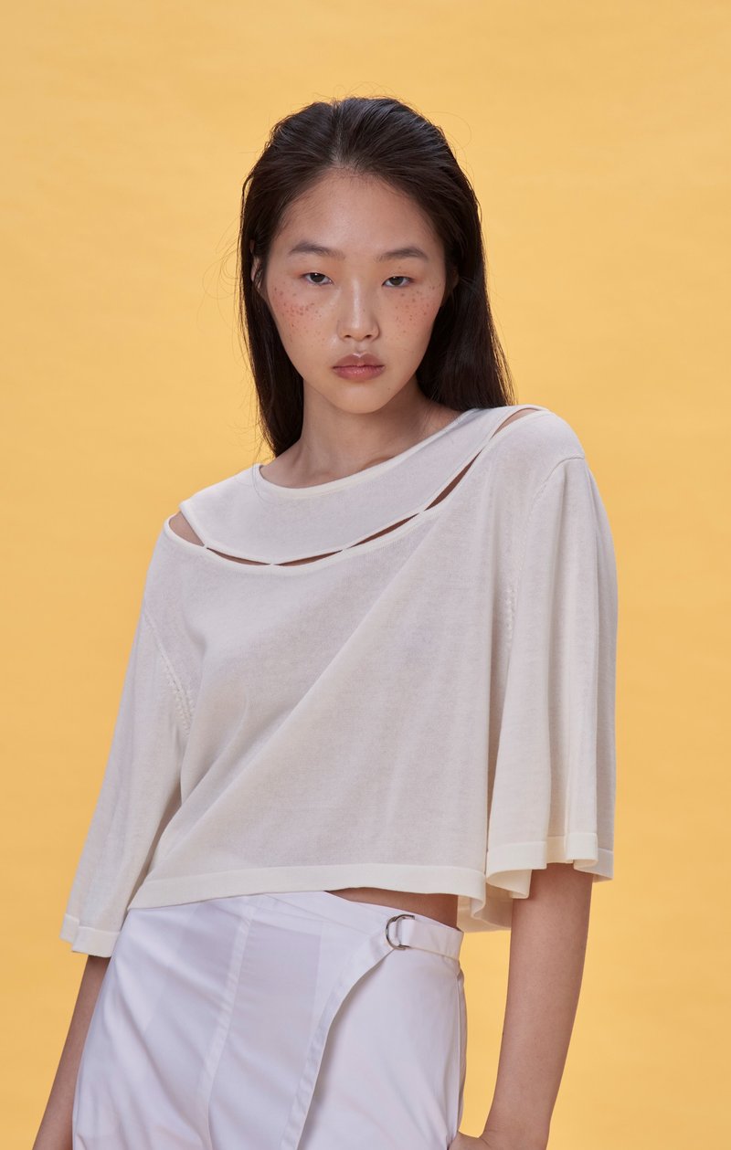 白摟洞針織短上衣 - 女上衣/長袖上衣 - 棉．麻 白色