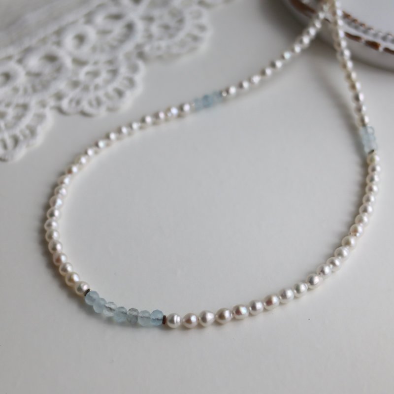 Pearl Aquamarine Necklace Natural Freshwater Pearl Baroque Pearl - สร้อยคอ - ไข่มุก 