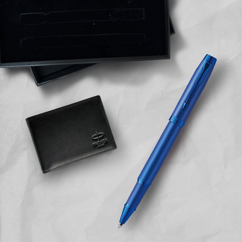 Parker 派克新IM 電光藍鋼珠筆 牛皮短夾禮盒 免費刻字 - 鋼珠筆 - 其他金屬 藍色