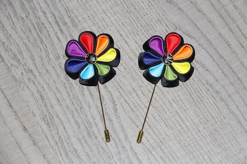 Gay wedding pins Rainbow Flower Kanzashi brooches Lapel pin men Groom Flowers - Brooches - Other Materials Multicolor