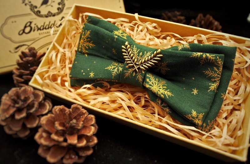 原創手工復古聖誕領結 聖誕禮物 金色雪花 日本進口燙金布料 - 煲呔 - 棉．麻 綠色
