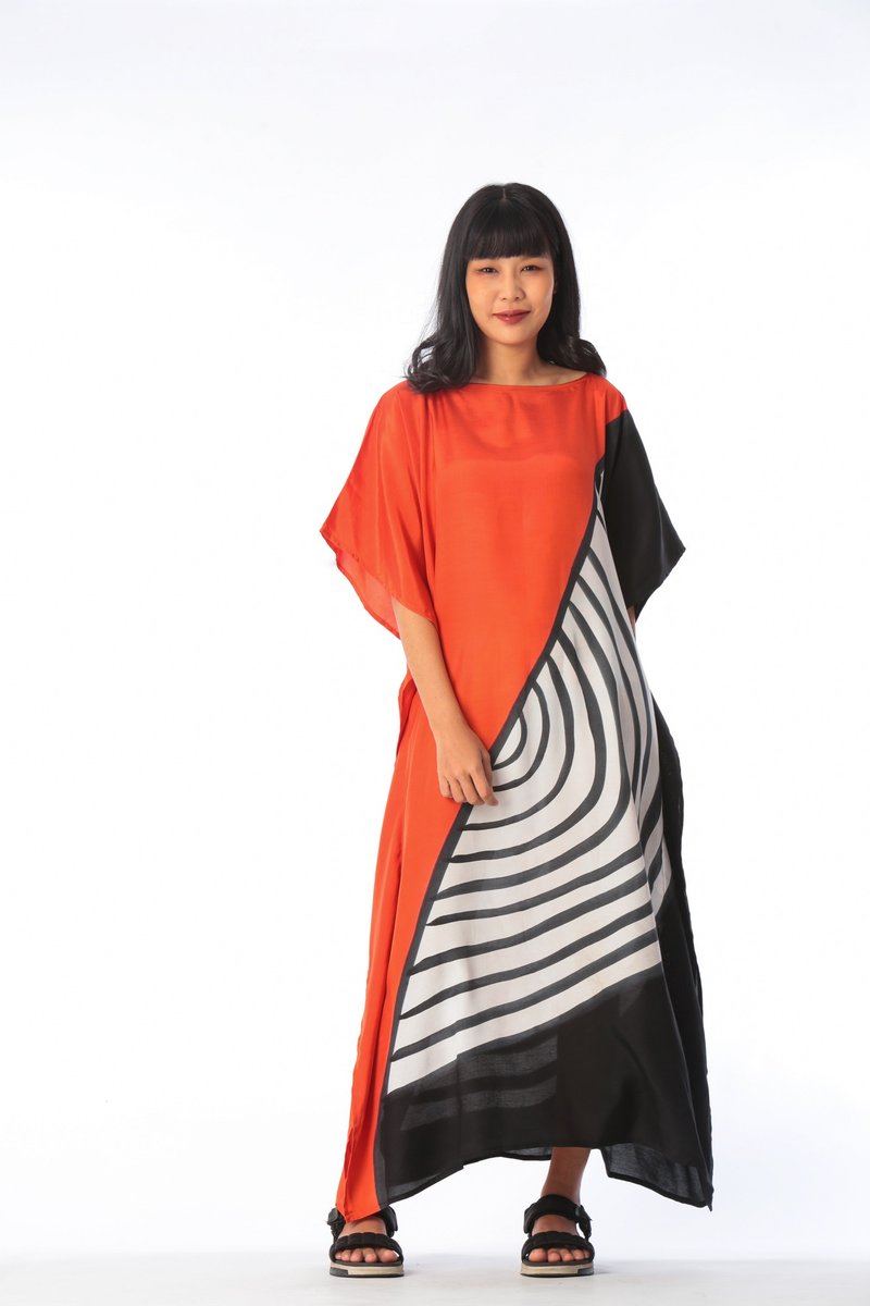 Hand Painted Cotton Silk Kaftan for Summer Resort Vacation F - 洋裝/連身裙 - 棉．麻 紅色