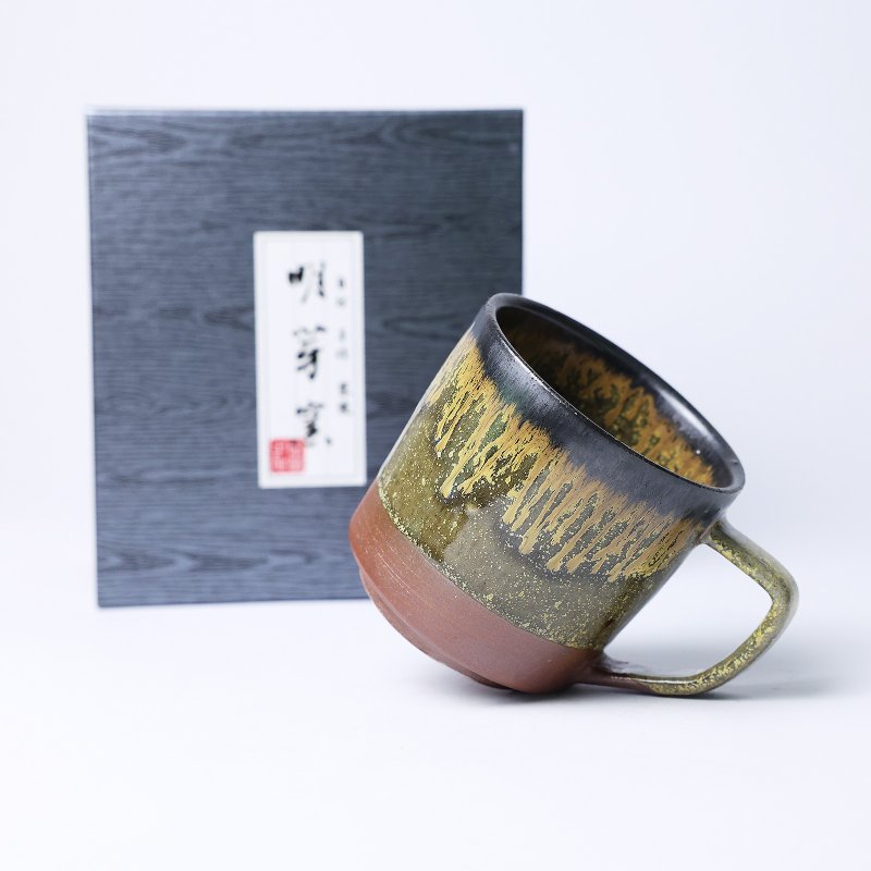 明芽窯 | 靜見暮雪 黃 綠 把杯 流釉 手作陶杯 咖啡杯禮盒 H12 - 咖啡杯/馬克杯 - 陶 黃色