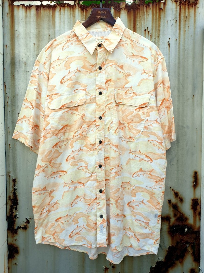 小龜葛葛-橘黃魚群釣魚速乾古著襯衫 - 男襯衫/休閒襯衫 - 聚酯纖維 