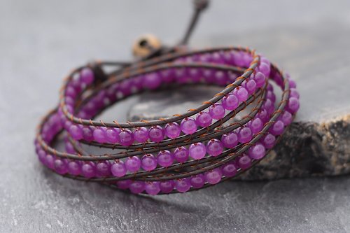 xtravirgin 皮革手鐲皮革包裝棕色紫水晶串珠手鍊編織的石頭時髦