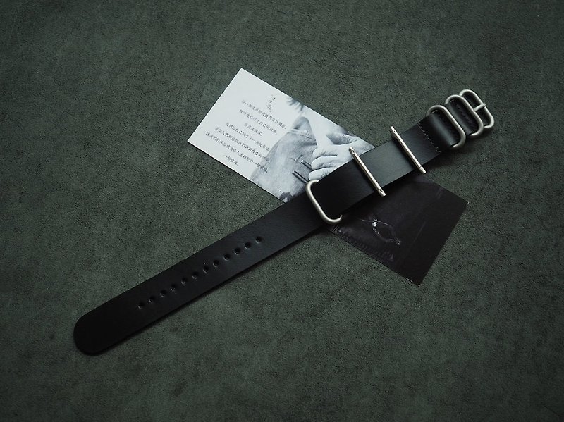 nato款蘋果AppleWatch牛皮錶帶 義大利進口黑色植鞣革 純手工設計 - 錶帶 - 真皮 黑色