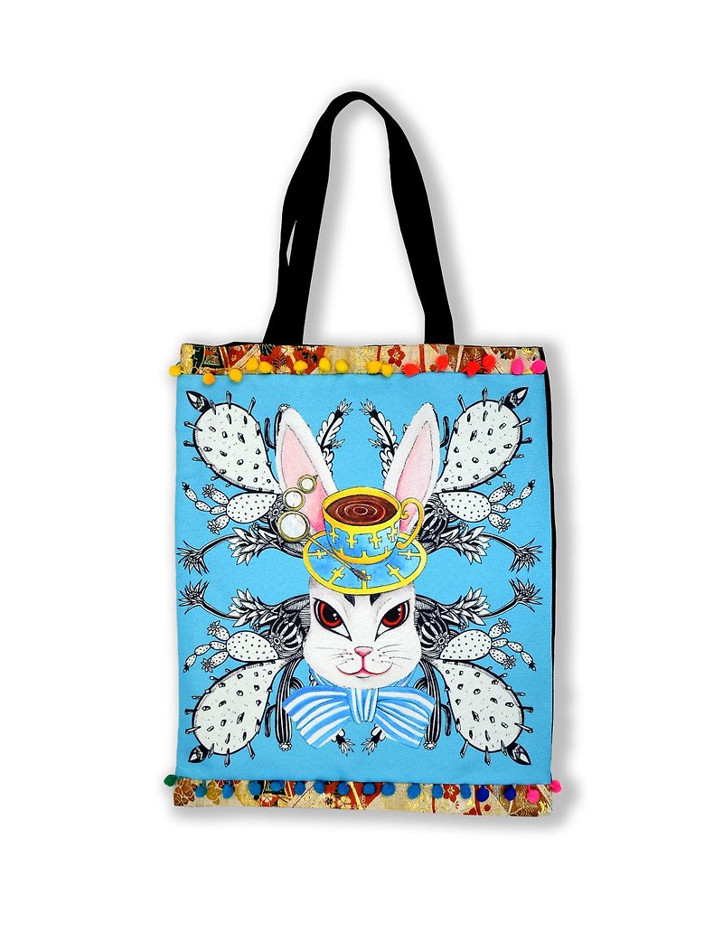 雙面購物袋 TOTE BAG 兔子伯爵印花 日本和服織錦綴彩色小球花邊 - 側背包/斜孭袋 - 棉．麻 
