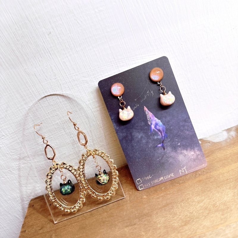 【SaWa Studio】Qiaoqiao Cat Japanese Cat Head Earrings/ Clip-On - ต่างหู - วัสดุอื่นๆ 