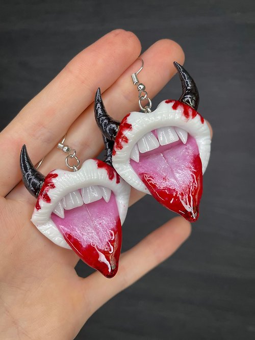 Polymer Diary Earrings. Vampire lips with fangs and bloody drops.