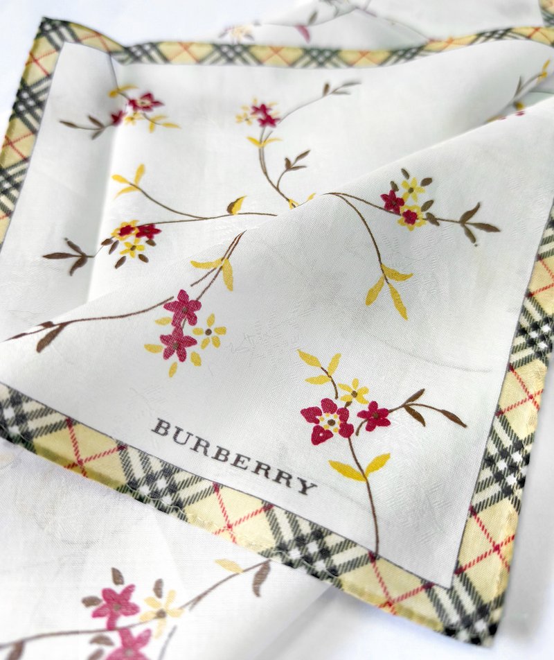 Burberry Vintage Handkerchief Small Floral Check Border 19.5 x 19.5 inches - 手帕 - 棉．麻 白色