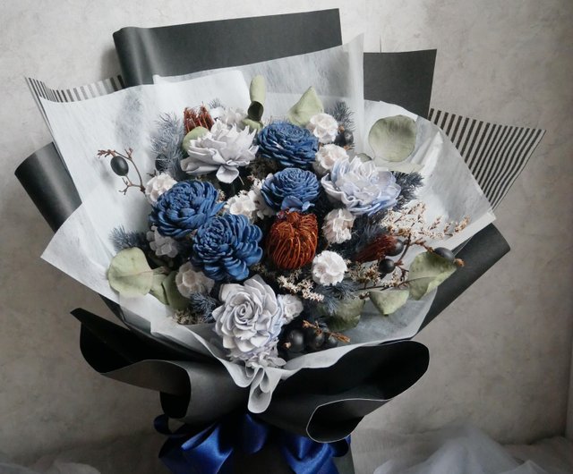 ブルーと黒のドライブーケ【ファッションブルース】卒業花束