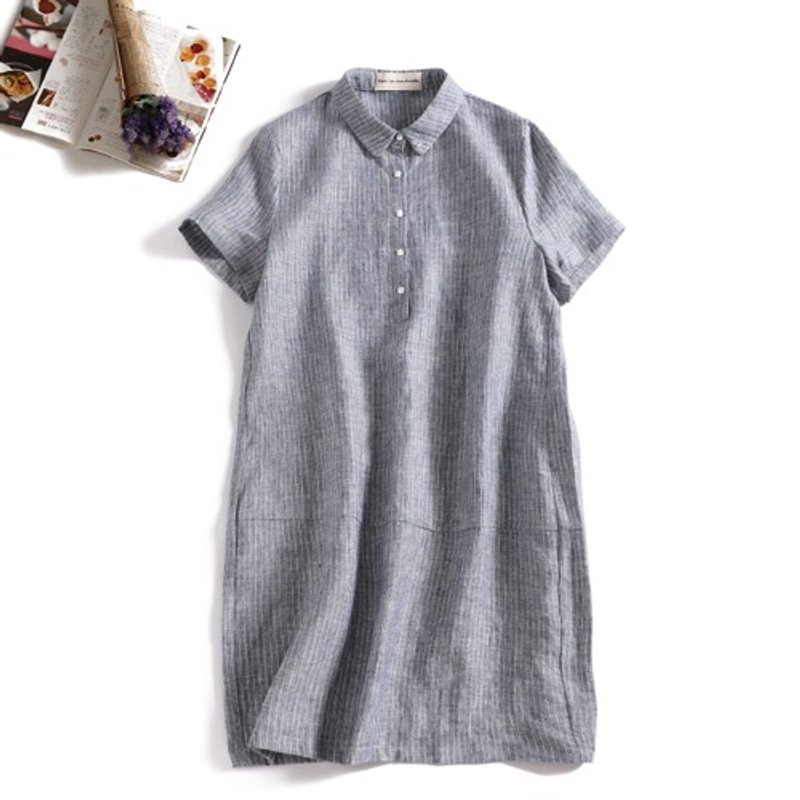 A striped dress that you'll grow to love the more you wear it. Short sleeves, linen grey, 190709-2 - ชุดเดรส - ผ้าฝ้าย/ผ้าลินิน 