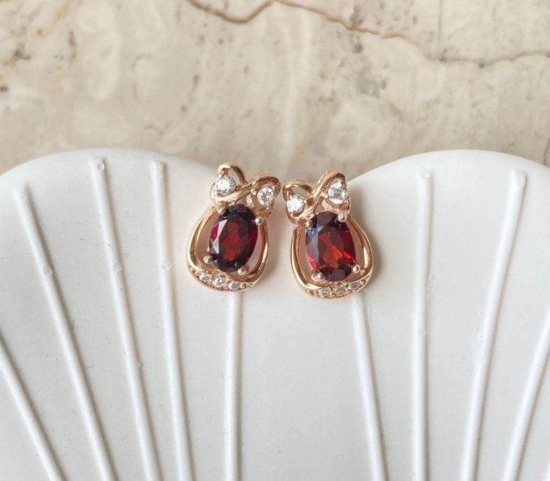 Natural Stone Bow Earrings Rose Gold 925 Sterling Silver Earrings Rings Stone Gemstone Light Jewelry Semi-precious - ต่างหู - เครื่องเพชรพลอย สีแดง