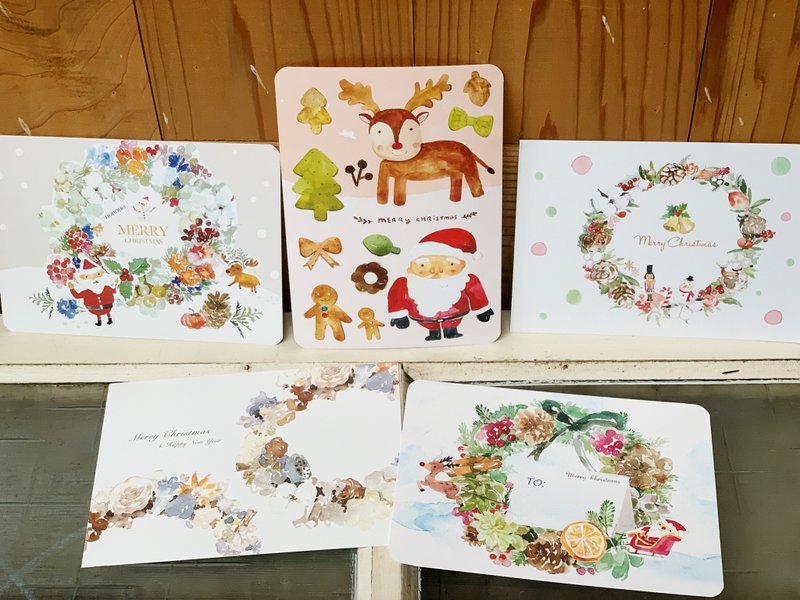 Discount set/Christmas wreath postcards (5 types) - HAZEL's colorful paintings/Christmas cards - การ์ด/โปสการ์ด - กระดาษ สีเขียว