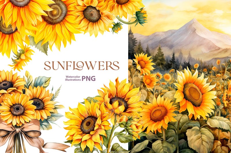 Watercolor sunflower clipart set, 5 Png, Summer Clipart, Watercolor fall png - 電子手帳及素材 - 其他材質 