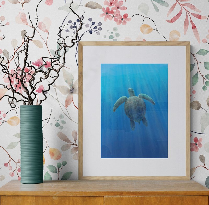 ToyJay Wang Junjie/Ocean Series Giclee Poster/Olive Sea Turtle (20 4x6-inch photos included) - โปสเตอร์ - กระดาษ สีน้ำเงิน