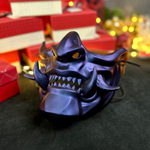 紫鬼ハーフマスク：着用可能な日本のサムライメンポマスク、忍者鎧着用