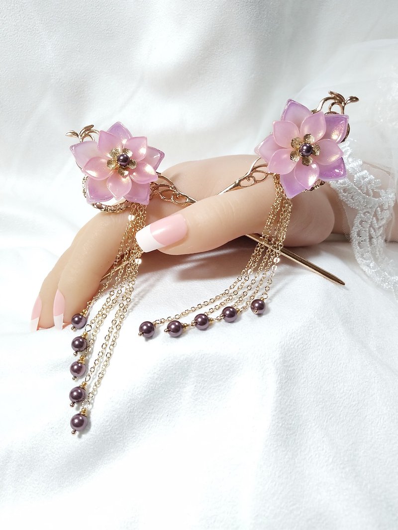 Antique Glass Series [Flower Language] Hairpin 1 Pair of Tassel Pink Purple Swarovski Pearls