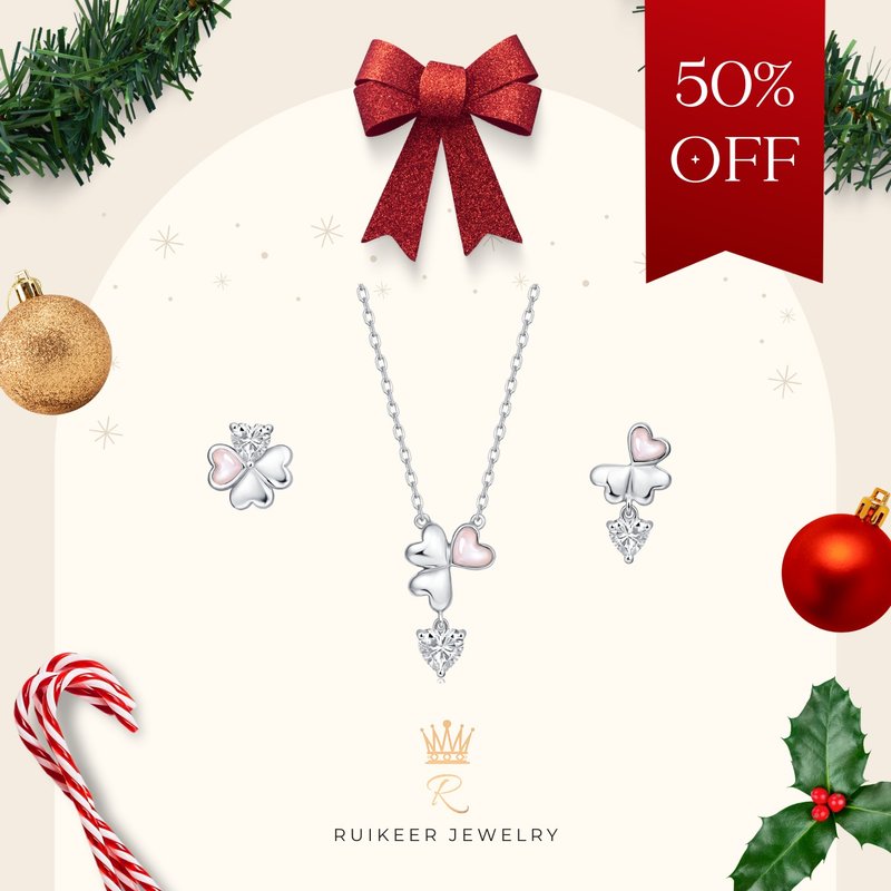 【Limited Christmas Half-Price Set】925 Sterling Silver & Natural Pink Mother-of-Pearl Four-Leaf Clover Heart Necklace & Earring Set - สร้อยคอ - เงินแท้ สึชมพู