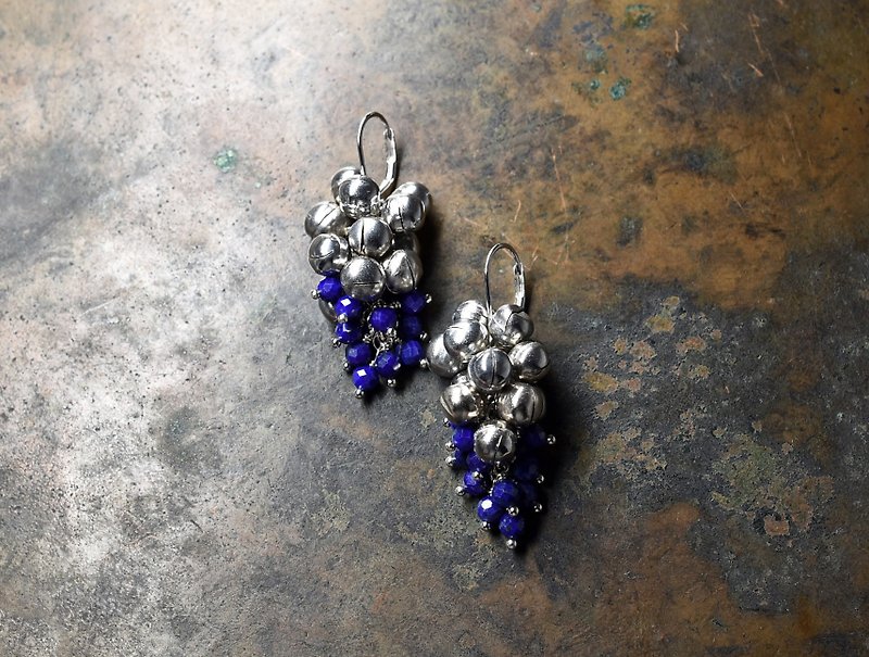 Bunch of fluffy bells and lapis lazuli pierced earrings