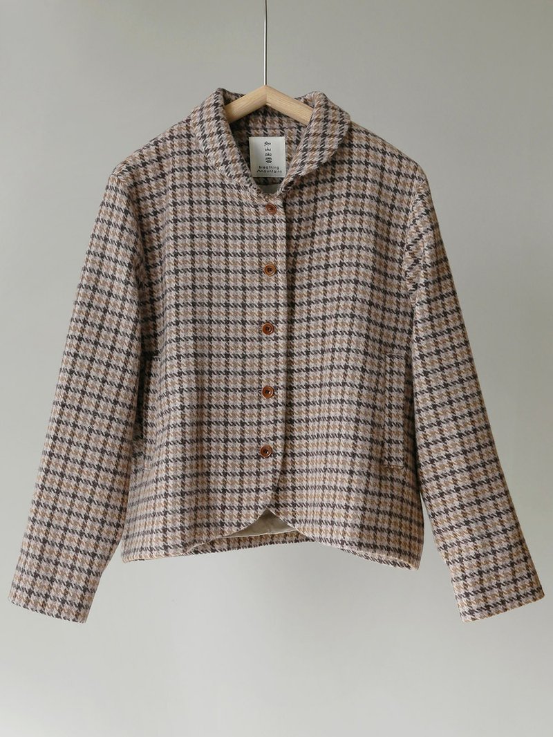 義大利製米咖色千鳥格紋 小元寶領休閒西服 套裝 - 女大衣/外套 - 羊毛 多色