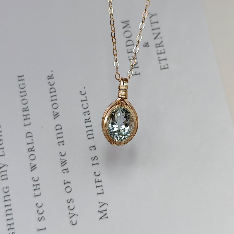 天然海藍寶吊墜 切面海藍寶14KGF項鍊 三月生辰石刻面海藍寶項鏈 - 項鍊 - 半寶石 