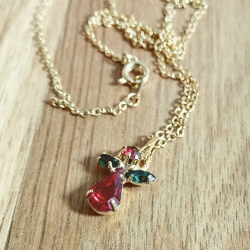 American antique jewelry red and green diamonds elf angel style golden necklace - สร้อยคอ - โลหะ สีทอง