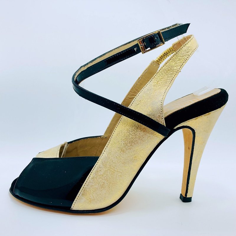 Margarita Regina black champagne gold double-block multi-tie sandals - รองเท้าส้นสูง - หนังแท้ สีทอง
