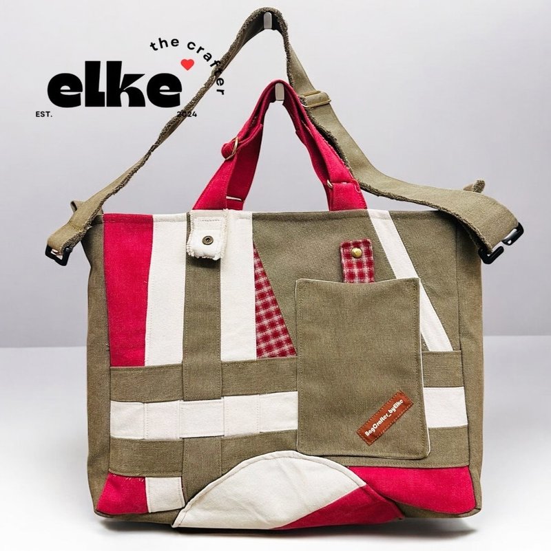 Patchwork Canvas Large Tote Bag - กระเป๋าแมสเซนเจอร์ - ผ้าฝ้าย/ผ้าลินิน หลากหลายสี